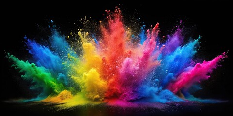 Colorful rainbow Holi paint powder explosion on black background, close-up