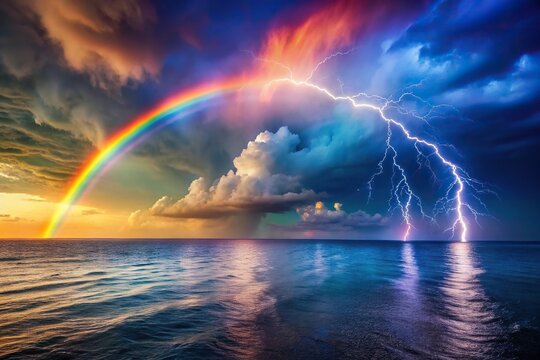 Colorful rainbow lightning storm over ocean horizon