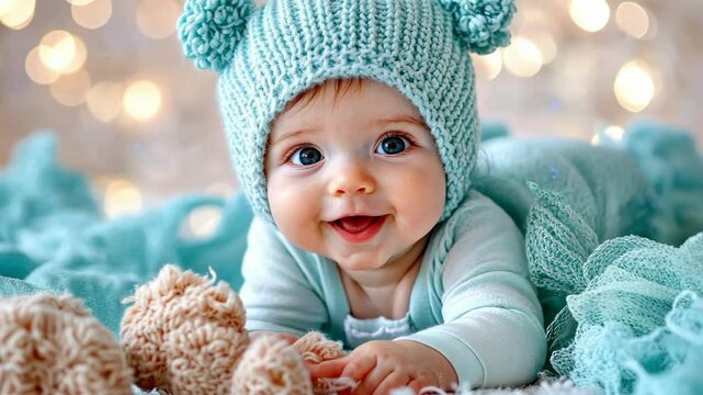 Adorable blue-eyed baby in knitted hat with fluffy pom poms smiling on soft blanket