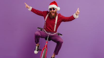 santa claus on a bicycle in front of purple background