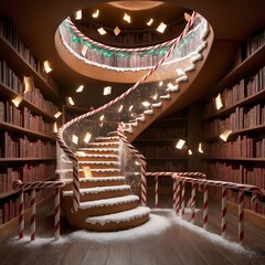 Santa's Workshop library, a spiral staircase made of gingerbread and sugar glass
