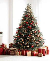 Red and gold themed Christmas tree with presents