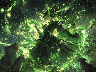Fototapeta premium Ethereal figure in luminous green with mystical aura and swirling energy.