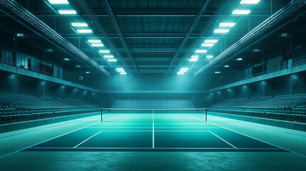 Indoor Tennis Court  Stadium  Sports Arena  Empty Seats  Night  Teal Lighting  Competition