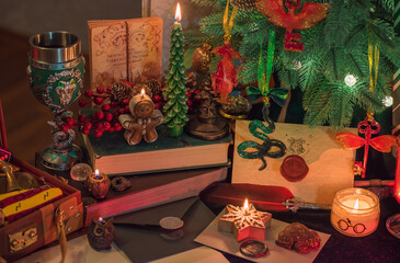 Christmas cozy magic details at table. Christmas eve prediction with candles.