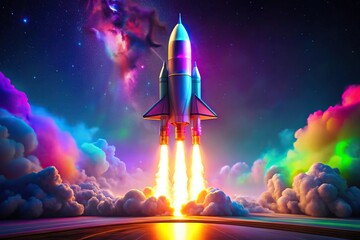 Fototapeta premium Colorful rocket with neon lights launching into the sky