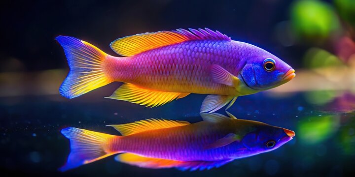 Colorful royal dottyback fish reflecting on water surface in aquarium