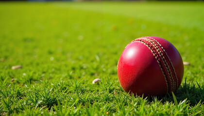 Cricket ball on the grass, sporty mood, set for the game, vibrant green background