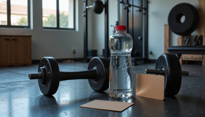 Water bottle and weights in a gym, energetic mood, ready for workout, fitness background