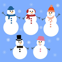 Set of christmas snowmans isolated on blue background. Cheerful snowmen in different costumes and scarf and hat.