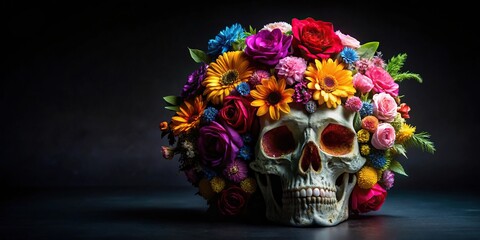 Naklejka premium Colorful skull decorated with flowers on a dark background