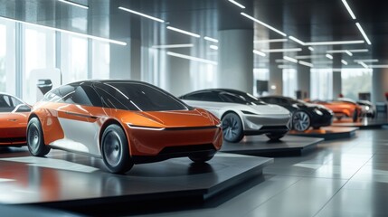 Obraz premium electric car showroom with various models on display, modern design, future of transportation