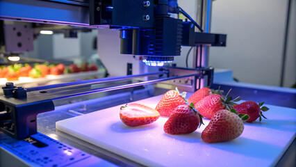 Erdbeeren in einem 3D-Drucker. Konzept "Synthetische Nahrung": Lebensmitteltechnologie / Lebensmittelproduktion der Zukunft - Innovation in der Lebensmittelherstellung. Ultraviolett beleuchtet