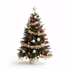 Obraz premium A beautifully decorated Christmas tree with ornaments, tinsel, and a star on top on a white background