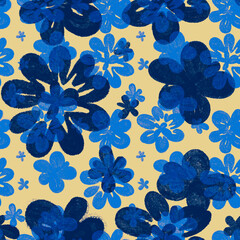 Playful floral pattern with blue flowers, textured brushstrokes. The vivid blue on yellow background, contrast, cheerful, artistic design. Illustration foe textile, wrapping paper.Hand drawn effect