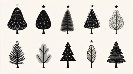 Stylish Black   White Christmas Tree Illustrations  Festive Holiday Design Elements  Winte