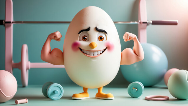 cute cartoon happy egg showing arm muscles, dumbbells