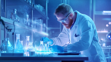 Scientist conducting experiments in a laboratory with glowing beakers during evening hours