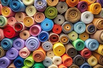 Colorful stacked rolls of fabric
