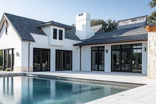 The exterior of a modern farmhouse with large black windows and doors, overlooking a pool on one side. The house is white with light gray accents and features gable roof lines.