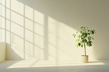 Bare room with a single houseplant and soft sunlight filtering through, representing simplicity and rejuvenation. 3D illustration in neutral shades.