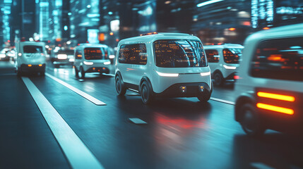 Fototapeta premium A fleet of self-driving delivery vans navigating city streets each monitored through a centralized digital system.