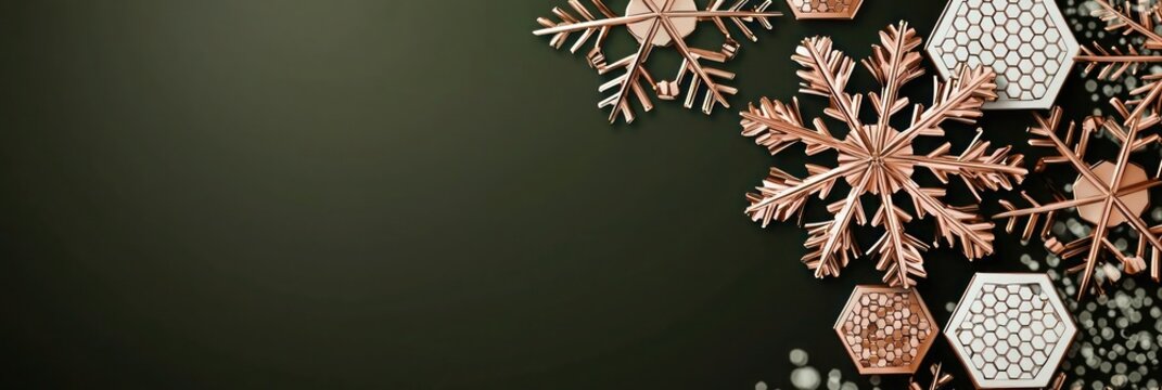 Dark olive green background with a snowflake ornament in negative space, filled with intricate rose gold and white hexagon textures