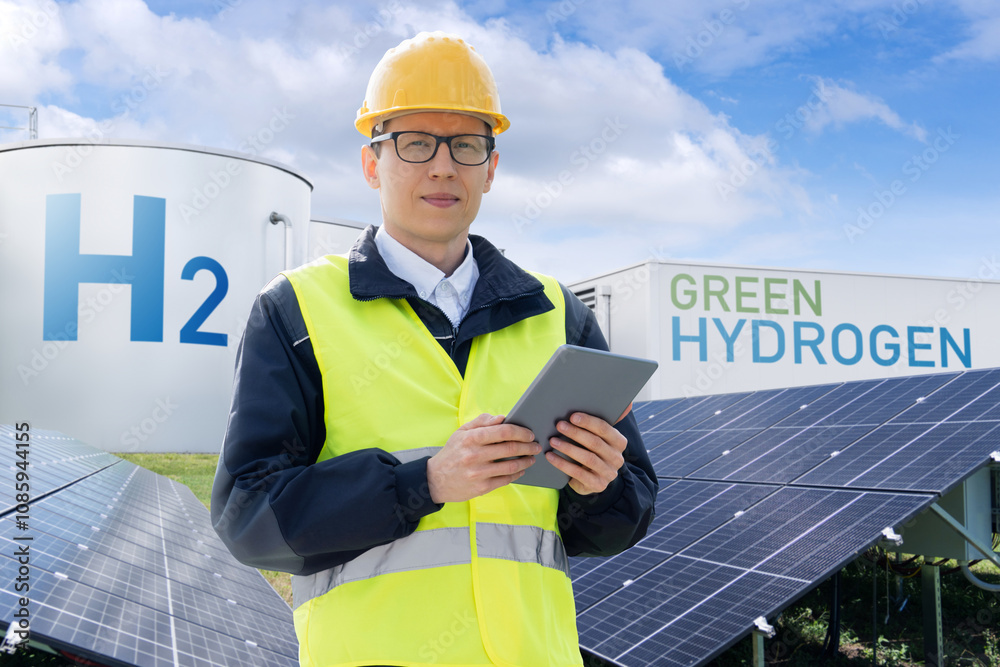 Poster Engineer with tablet computer on a background of Hydrogen factory.