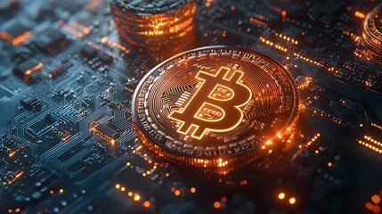 Digital representation of Bitcoin symbol on electronic circuit-themed background with stacks of coins and financial data charts, illustrating cryptocurrency market concept.