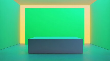 Fototapeta premium A minimalistic room featuring a solid-color backdrop and a central rectangular table, illuminated by vibrant green and yellow lighting.