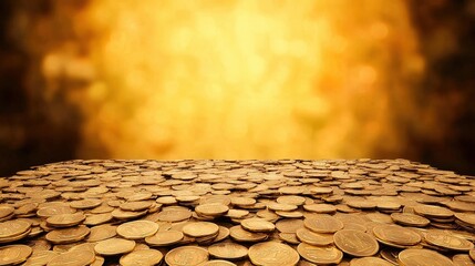 A stunning landscape of coins shimmering against a golden backdrop, steady wealth accumulation, future-oriented investments symbolizing wealth and prosperity.