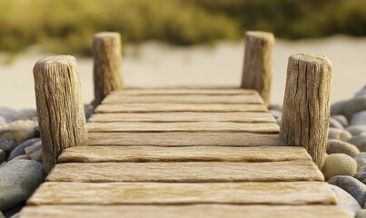 Obraz premium Rustic wooden bridge, serene sandy backdrop, dimensional artwork.