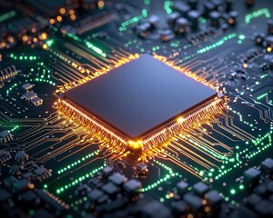 Obraz premium A close-up view of a modern computer chip on a circuit board with glowing connections.