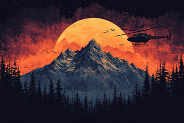 Helicopter over Majestic Mountains at Sunset