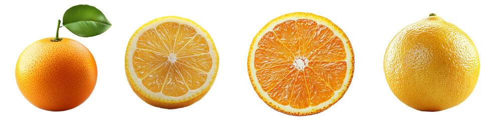 Fresh oranges and a cross-section display showcasing vibrant colors and textures against a clean transparent background