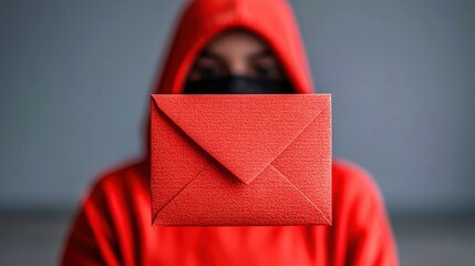 Explore how fraudsters conduct invoice modification fraud in business email compromise schemes, Person in a red hoodie holds a red envelope in front.