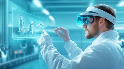 A scientist using augmented reality goggles to interact with robotic technology in a lab
