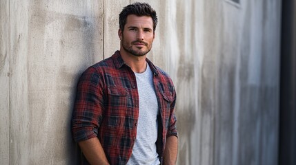 Casually Cool: Relaxed Man in Plaid Shirt and Chinos Leaning Against Wall