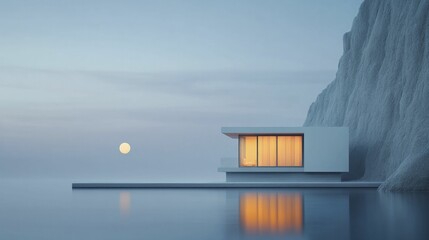 Sleek modern villa, expansive windows and ambient lighting, perched on coastal cliffs, digital rendering.