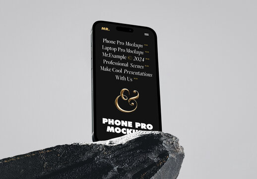 Phone Pro Standing On Stone Mockup