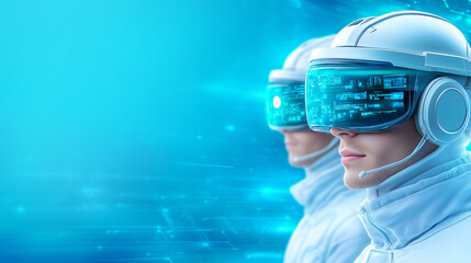 Futuristic individuals wearing virtual reality headsets in a high-tech environment during daytime
