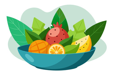 Decorative Bowl of Assorted Tropical Fruits with Fresh Leaves for Garnish