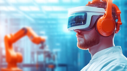 Man using virtual reality headset in a modern robotics lab during daytime