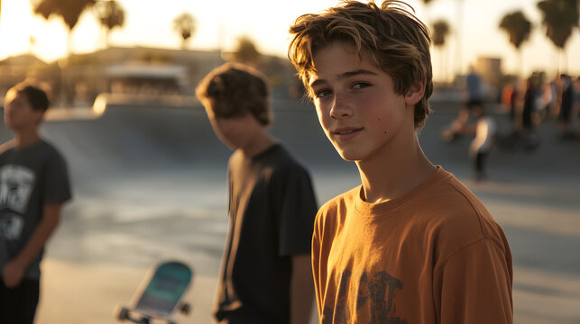 A group of teenagers hanging out at a city skate park performing tricks and socializing.