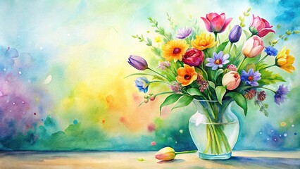 Colorful watercolor background of a spring bouquet of flowers in a vase wide-angle © Sayfar