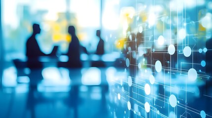 Fototapeta premium Business Meeting with Silhouettes of Professionals Collaborating in a Modern Office Space Overlaid with Abstract Digital Graphics Representing Data and Technology