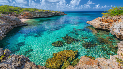Obraz premium Discover the hidden cove with crystal-clear water and vibrant colors under the bright sun, perfect for relaxation and exploration