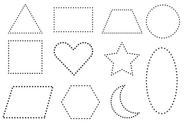 Set of vector dots line icons of geometric shapes. Cube, sphere, cone, cylinder, triangle, and other geometrical figures. Outline signs