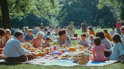 A large family picnic in a park with grandparents parents and children sharing food playing games and relaxing on blankets.