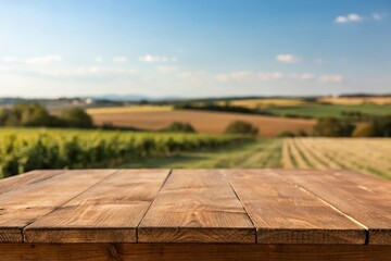 Obraz premium An empty brown wooden table in front of a vineyard, with a blurred farmland and blue sky in the background